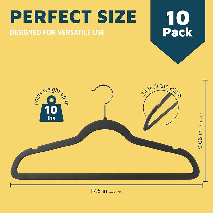 Lifemaster Velvet Clothes Hangers – with 360 Degree Swivel Hook and Non-Slip Shoulder Notch, Holds Up to 10 lbs, Heavy Duty Hanger Set, for Organizing Suit, Dress, Coat, and Clothes, Pack of 10, Gray