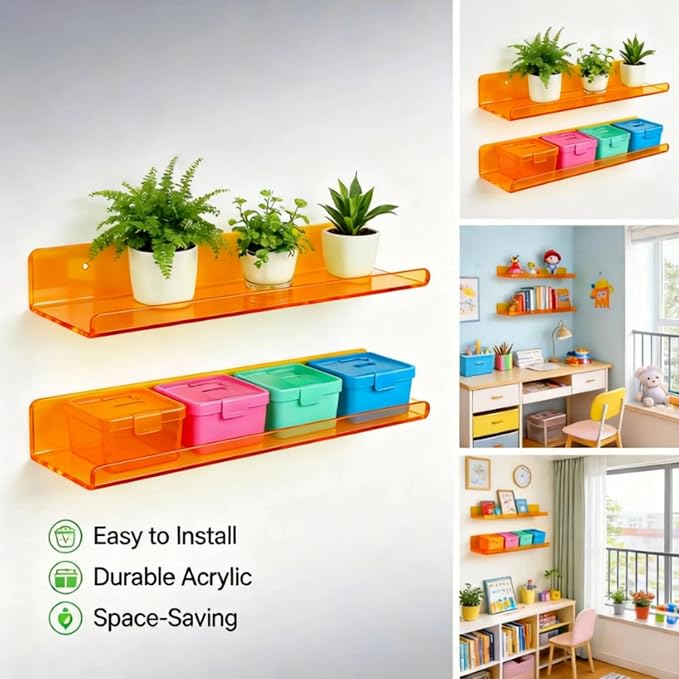 ROYALITA 2-Pack Acrylic Shelves Wall Mounted, 17 Inch Display Shelves | for Small Items Plants Organize Wall Shelves for Gaming Room, Bedroom, Living Room, Office, Orange