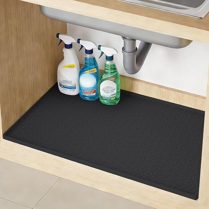TRZZ Silicone Waterproof Under Sink Mat 28" x 22", Drip Tray and Cabinet Liner for Kitchen and Bathroom, Prevents Water Damage and Organizes Cabinets (Black)