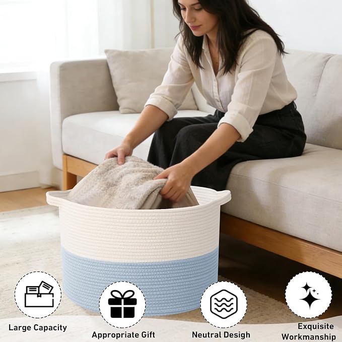 90L Large Blanket Basket,21.7"L x 21.7"W x 13.8"H Rope Woven Baskets with Handles, Toys Storage Bins,Laundry Basket Perfect for Living Room, Nursery,Bedroom,Home Organization,White&Blue