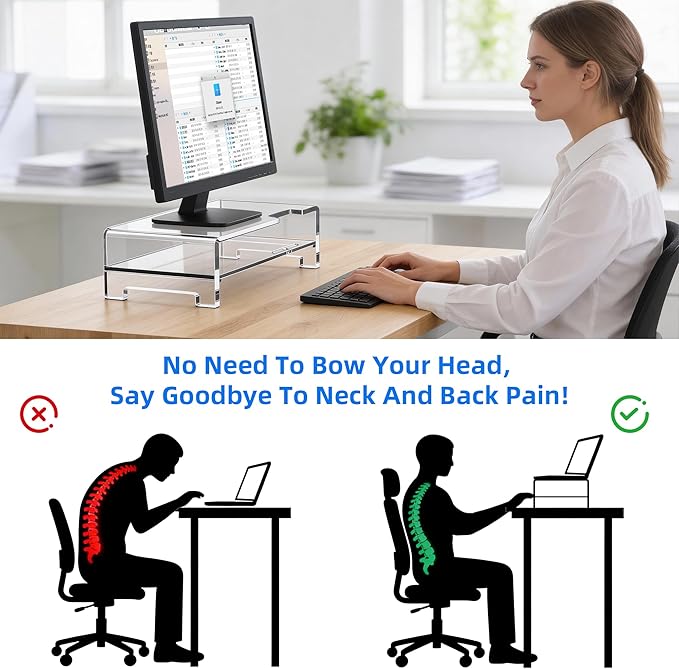 Acrylic Monitor Stand Riser L16''xW7.5''xH4.7'' 2-Tier Acrylic Laptop Stand Clear Computer Stand Laptop Riser with Storage Desk Organizer Accessories for Home and Office