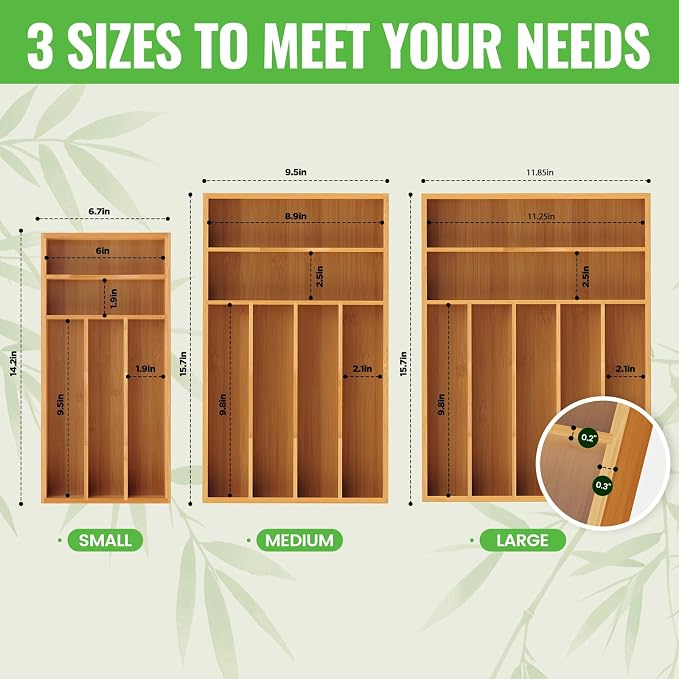 Bamboo Silverware Organizer, Bamboo Kitchen Drawer Cutlery Organizer, Utensil Holder, Flatware Organizer Tray (15.8"x9.5"x1.6")