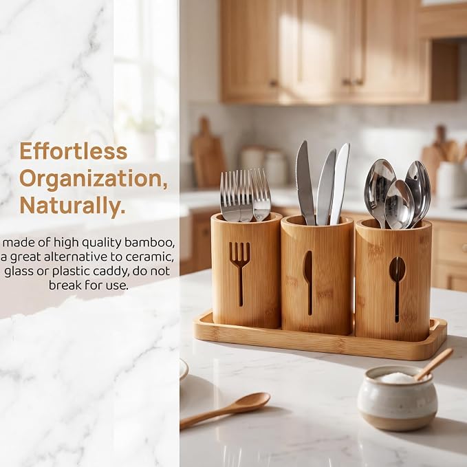 Lyellfe Silverware Holder, Bamboo Utensil Organizer with Tray, Kitchen Cutlery Flatware Holder Organizer for Spoons, Knives and Forks, Ideal for Kitchen and Restaurant