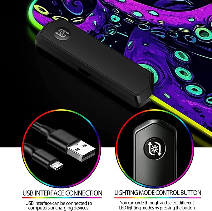 RGB Octopus Monster Gaming Desk Mat, Computer Keyboard Large Extended Cool Neon Animal LED Mouse Pad for Office and Home, 31.5×11.8 Inches, XL