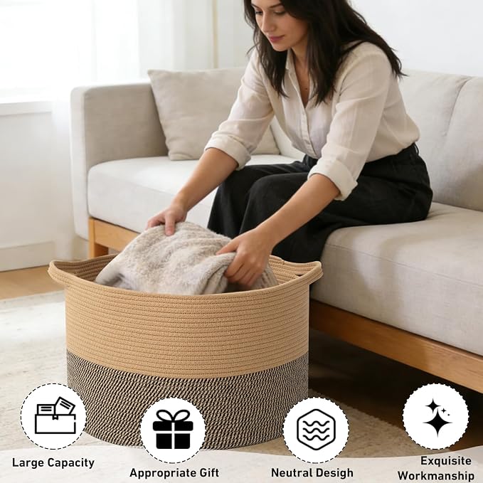 65L Large Blanket Basket,19.7" L x 19.7" W x 13" H Rope Woven Baskets with Handles, Toys Storage Bins,Laundry Basket Perfect for Living Room, Nursery,Bedroom,Home Organization,Jute&Black