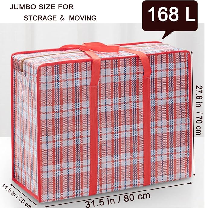 Heavy Duty Extra Large Moving Bags, 168L Oversize Organizer Storage Bags With Durable Zippers for Clothes Comforter Pillow, Waterproof Totes for Carrying Camping Bedding (Set of 4) - Red Checkered