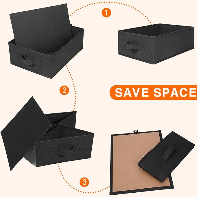 JAKAGO Fabric Storage Bins set of 4 Rectangle Storage Baskets with Handle Foldable Closet Organizer for Clothes Towel bedding Books Collapsible Clothing Container for Shelves Bedroom(Black Low)