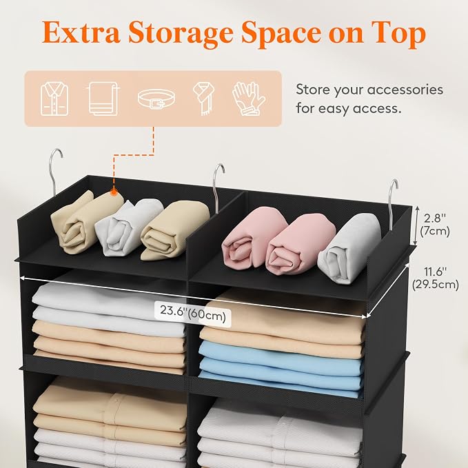 Lifewit Dual-Row Shelf Hanging Closet Organizer and Storage, Clothes Shelves with 3 Sturdy Hooks for Clothing Organization, Foldable Container Hold Up to 36 Sweaters, 6 Tier 12 Sections, Black