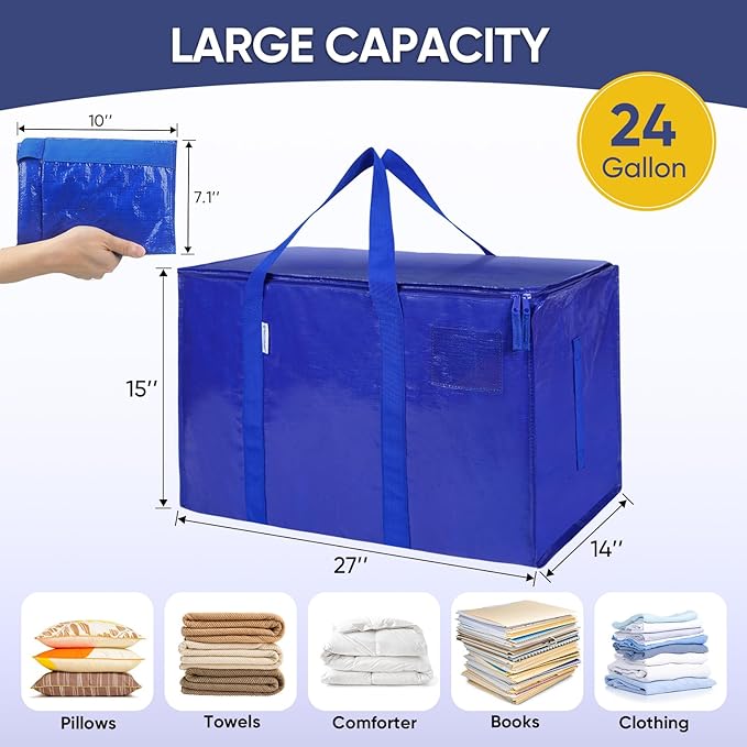 TICONN 2 Pack Extra Large Moving Bags Heavy Duty with Zippers & Carrying Handles, Durable Storage Bags Moving Boxes for Closet Organizers and Storage (2 Pack, Blue)