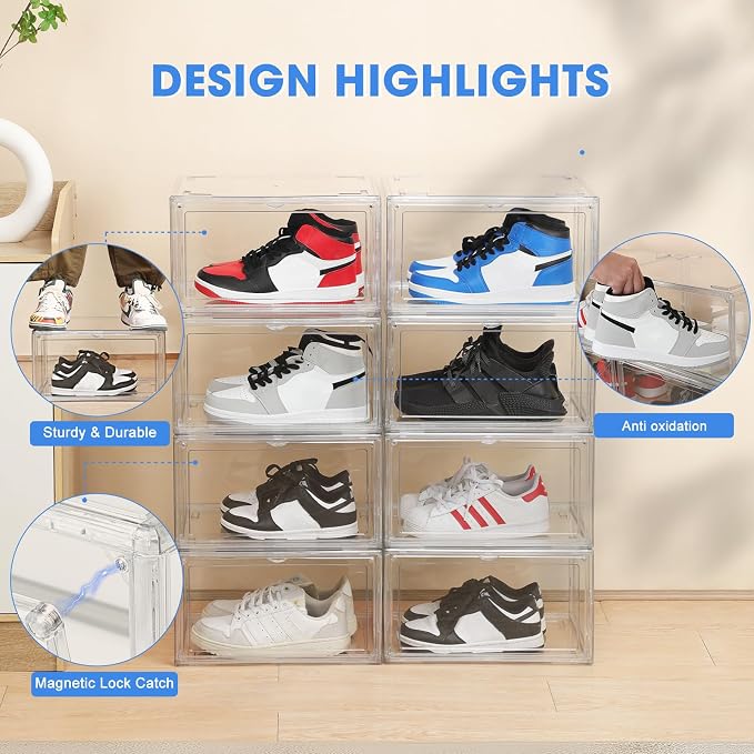 HIYOHIYO 8 Pack Clear Shoe Box Organizer, Large Capacity Fit US Size 14 | Stackable, With Magnetic Door, Thicken Sturdy, Easy Assembly Transparent Display Case, For Sneaker, Ankle Boots, High Heels