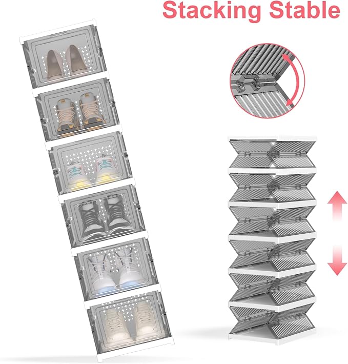 Foldable Shoe Storage Organizer, Stackable Boxes for Closet, Foldable Space-Saving Shoe Rack for Sneaker Boot Container, Acrylic Shoe Cabinet Shoe Box（6 Pack, Black