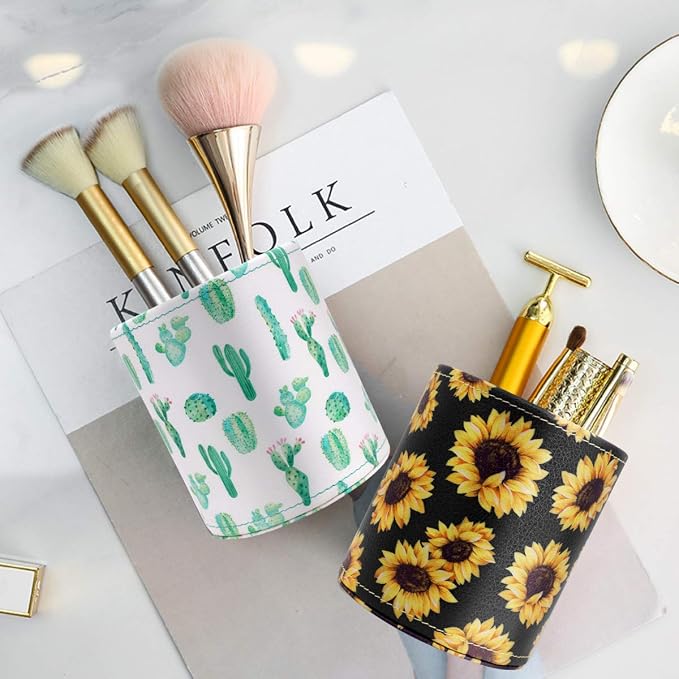 Pen Holder, Pencil Cup Desk for Women Girls, Luxury Makeup Brush Holder Large Pu Leather Multi-Functional Organizer Cup for Office, Classroom, Home, Sunflower