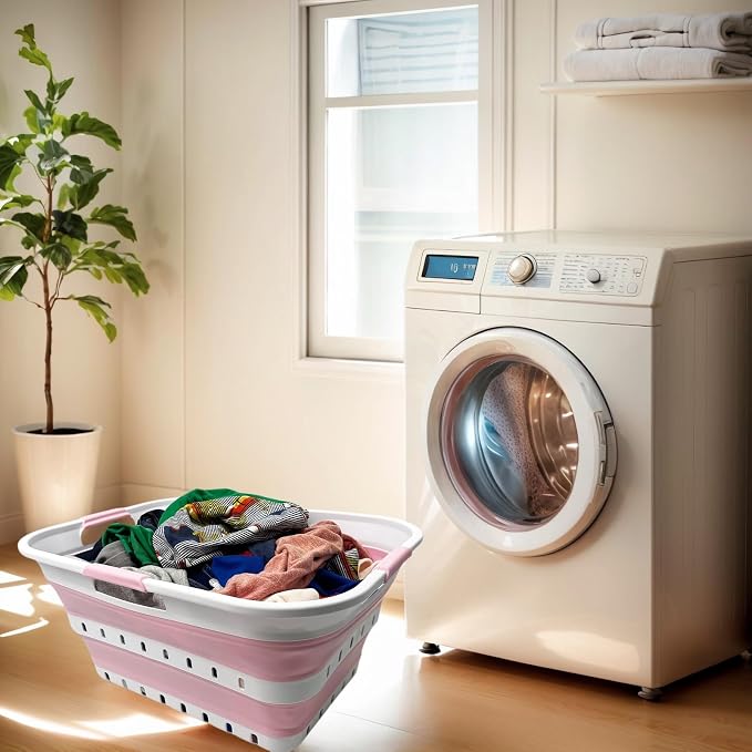 SAMMART 42 (11 Gallons) Collapsible Plastic Laundry Basket, Foldable Pop Up Storage Container/Organizer, Space Saving Hamper, Portable Bin for Dorm Room Bathroom (1, White/Cherry Pink)