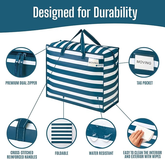 VENO 4 Pack Heavy Duty Moving Bags, Storage Bags, Packing Supplies, Top Zipper, Storage Totes for Camping, Clothes, Bedding, Comforters, Pillows (22 Gallon, Classic Navy Stripe, 4 Pack)