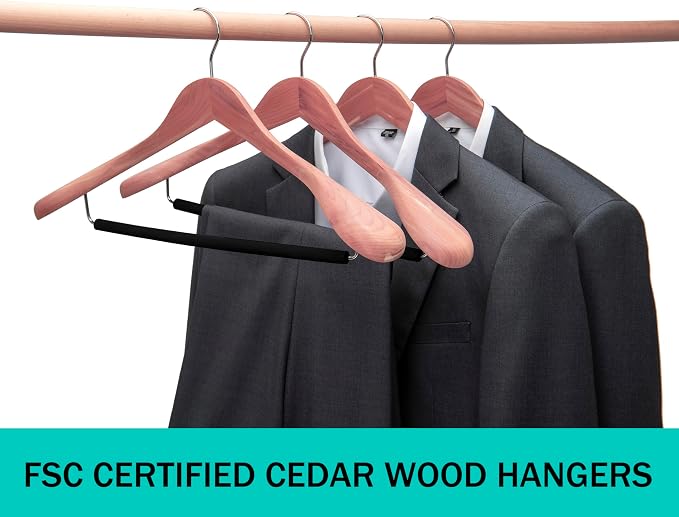 8 Pack Unfinished American Red Cedar Wooden Coat Suit Hangers with Extra Wide Shoulder, Wood Jacket Clothes Hanger with Non Slip Black Padded Pant Bar- 360°Flexible Hook, Natural