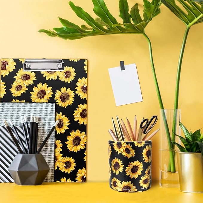Pen Holder, Pencil Cup Desk for Women Girls, Luxury Makeup Brush Holder Large Pu Leather Multi-Functional Organizer Cup for Office, Classroom, Home, Sunflower