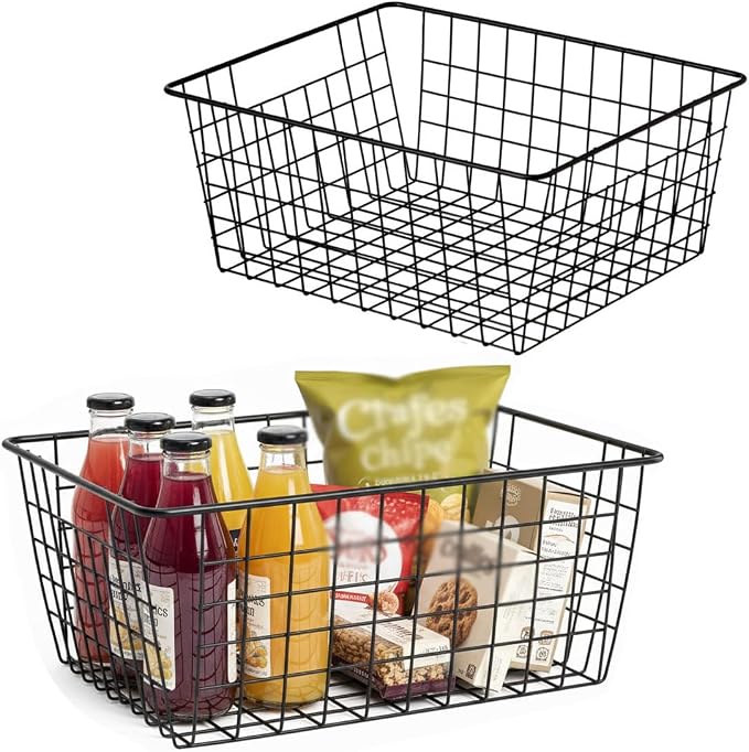 Kitchen Metal Wire Baskets Farmhouse Decor Metal Food Storage Organizer,Household Refrigerator Bin with Built-in Handles for Cabinets,Pantry,Bathroom,Black