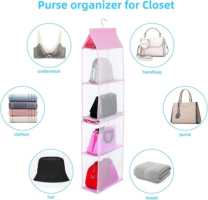 KEEPJOY Closet Purse Organizer, Hanging Handbag Organizer with 4 Heavy-Duty Mesh Shelves Closet Purse Storage Bag (Pink)