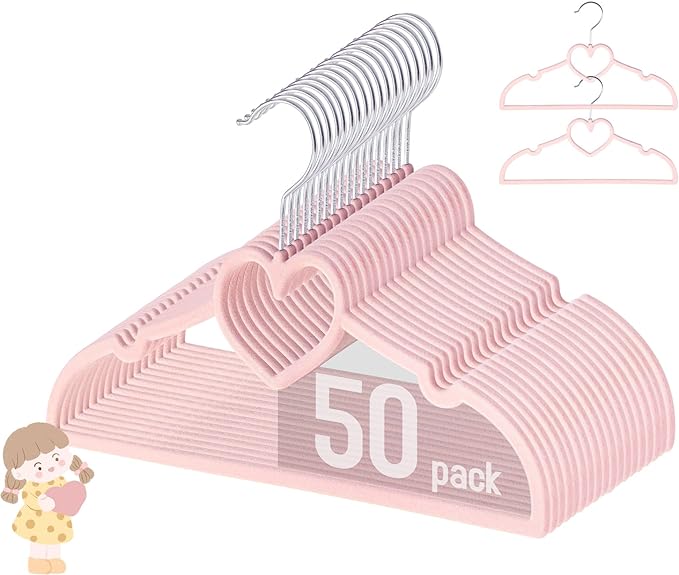GOSCHE Kids Velvet Hangers (12.8 Inch - 50 Pack), Non-Slip Baby Clothes Hangers for Closet, Ultra Slim Space Saving Children Hanger, 360Degree Swivel-Hook, Infant/Toddler Hangers, Dark Pink
