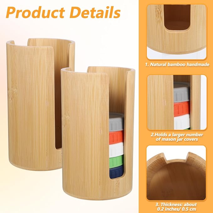 2Pcs Mason Jar Lid Organizer, Bamboo Vertical Storage Holder, Mason Jar Accessories, Bamboo Storage Holder for Home Kitchen Organization & Tumbler Lids (Wide Mouth & Regular Mouth)