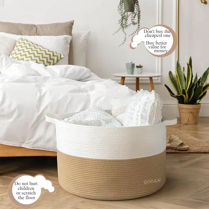 GOCAN Storage Baskets for Organizing D22"H14" Large blanket basket laundry basket Cotton Rope Woven Basket for toy towl in Living Room (Jute/Beige) XXXL
