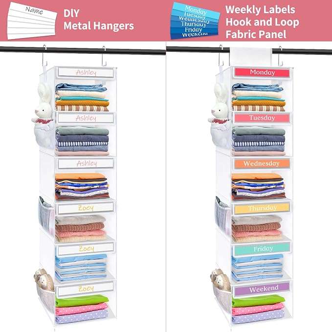 Fixwal Weekly Kids Clothes Organizer 6-Shelf Hanging Closet Storage White