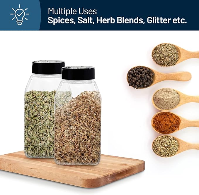 Plastic Spice Jars Bottle Containers with Black Cap, 32 Oz, 6 PACK | Clear Safe Plastic Bottle Containers with Shaker Lids, Lined Cap, PET Material, BPA-Free, Perfect for Herbs & Spices