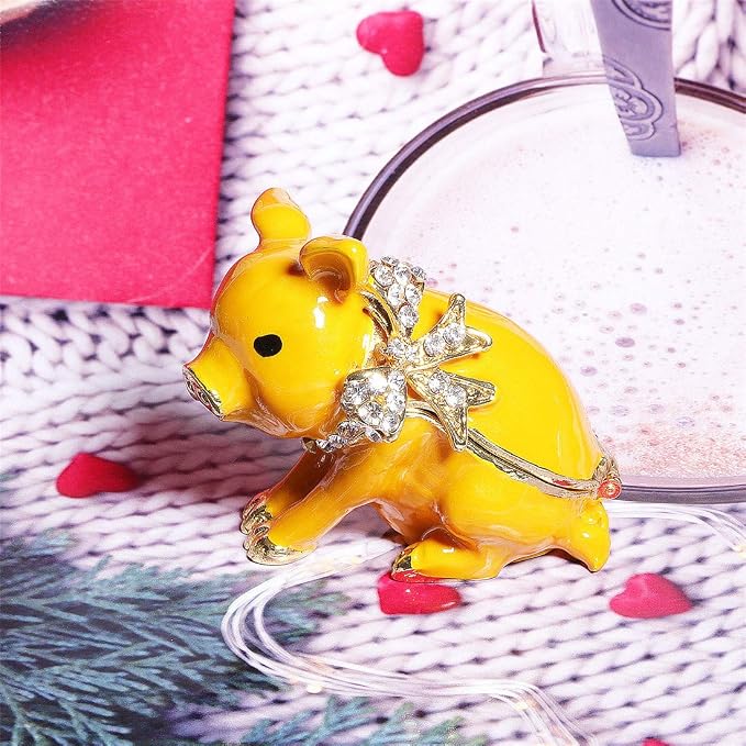 Waltz&F New Golden Pig with Bowknot Handcrafted Pewter Trinket Box Animal figurine Hinged Jewelry Box
