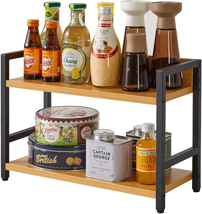 IBUYKE 2-Tier Spice Rack Industrial Counter Shelf Desktop Storage Organizer Standing Seasoning Rack for Countertop Kitchen Office Living Room Desktop Nature,UTLJ002N