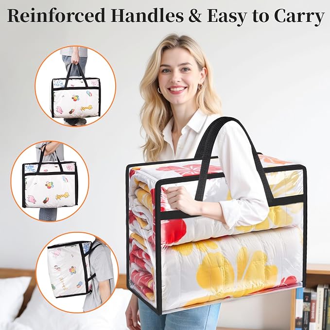 SpaceTrove Clear Clothes Storage Bags, 6 Pack Closet Organizers and Under Bed Storage Containers, Foldable Moving Bags with Zippers for Comforter, Blanket, Bedding, Duvet, PVC Packing Bags 90L