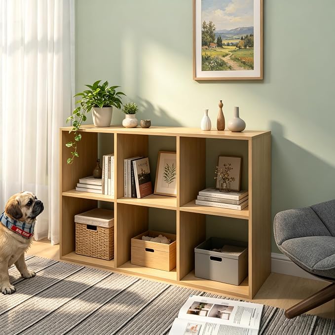 6 Cube Shelf with Anti-Tipping Kits + Reversible Open Back Bookcase, Multi Layer and Multi Grid Partition Layout (Oak 11in)