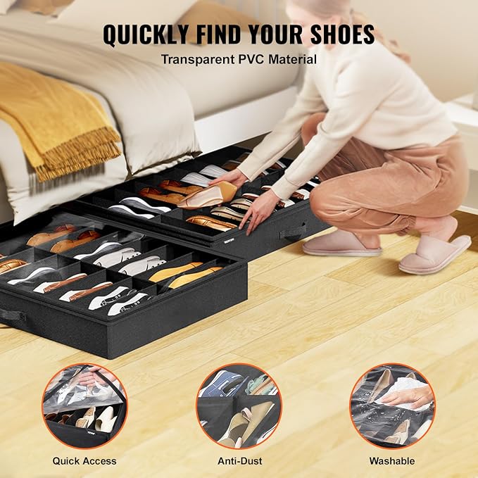 VEVOR Under Bed Shoe Storage Organizer, Set of 2, Total 32 Compartments, Underbed Shoes Closet Storage Solution with Clear Window, Breathable, Foldable Fabric Container Box with Reinforced Handles