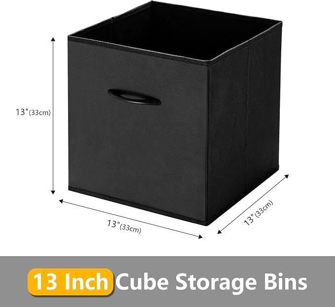 WUIKE Black Storage Cubes, 13-Inch Faux Leather Front Bins, 4-Pack | Collapsible Cubby Organizer Baskets with Handles for Shelves and Closets
