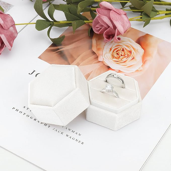 DesignSter Velvet Jewelry Ring Box,2 Slots Jewelry Ring Gift Box Vintage Ring Display Holder with Detachable Lid for Proposal, Engagement, Wedding, Ceremony(Beige)