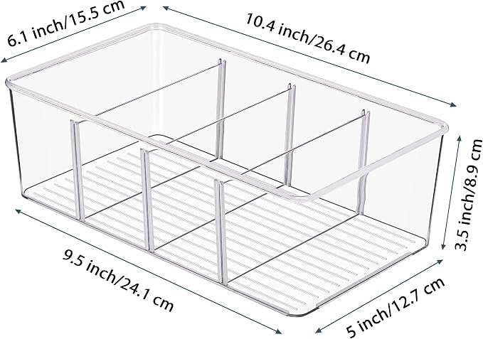 Vtopmart 2 Pack Food Storage Organizer Bins, Clear Plastic Bins for Pantry, Kitchen, Fridge, Cabinet Organization and Storage, 4 Compartment Holder Packets, Snacks, Pouches, Spice Packets