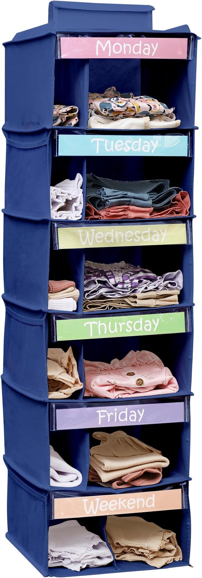 Kids Clothes Organizer, Closet Daily Outfit Storage, Hanging, 6 Shelf Blue | Houseables Weekly Clothes Organizer for Kids, Monday through Friday Clothing Planner, Day of the Week, Weekday, School