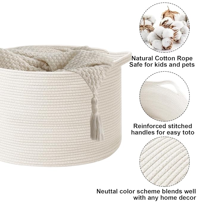 90L Large Blanket Basket,21.7"L x 21.7"W x 13.8"H Rope Woven Baskets with Handles, Toys Storage Bins,Laundry Basket Perfect for Living Room, Nursery,Bedroom,Home Organization,White