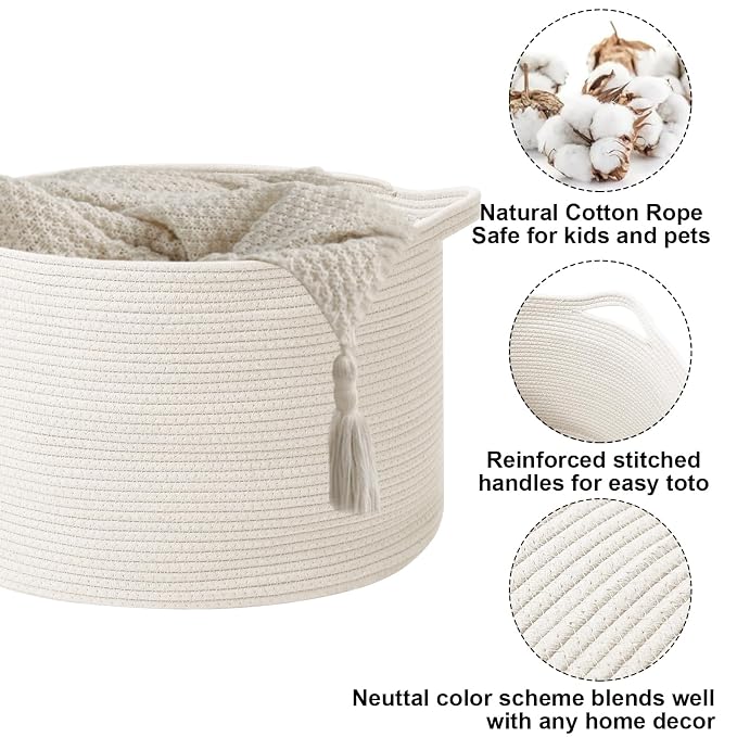 65L Large Blanket Basket,Woven Rope Laundry Basket Hamper with Handles,Decorative Nursery Basket Storage Bin for Toys, Pillows , Clothes Organizer, Living Room, Bedroom, Bathroom, White