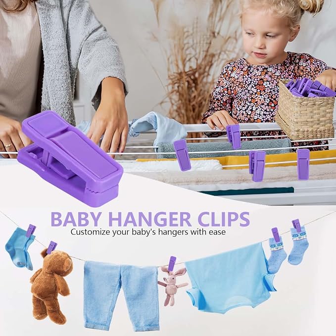 KISEER 80 Pcs Plastic Baby Hanger Clips Slim-line Finger Clips Set for Clothes Hanger Velvet Hanger (Purple)