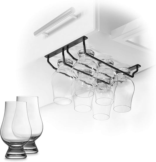 CairnCradle Whiskey Glass Rack - Under Cabinet Whisky Tasting Glasses Holder Storage Hanger Metal Organizer for Bar Kitchen (2 Across x 3 Deep, Matte Black)