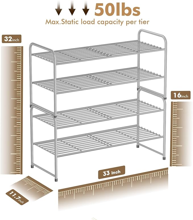 2 Pack Shoe Rack, 2-Tier Metal Stackable Shoe Shelf Storage Organizer, Heavy Duty Wire Shoe Stand for Entryway, Closet, Hallway, Holds 50 LBS, Gray