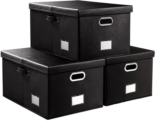 PRANDOM Collapsible Storage Box with Lid [3-Pack] Leather Fabric Foldable Storage Bin Organizer Container Basket Cube with Cover for Home Bedroom Closet Office Nursery Black(22.8X15.7X11.8)