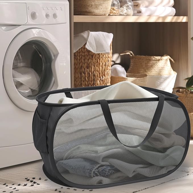Pop Up Laundry Hamper,Collapsible Horizontal Baskets with Handles & Side Pocket,Foldable Sturdy mesh for Laundry Room,Bathroom,Kids Room,College Dorm or Travel (Black)