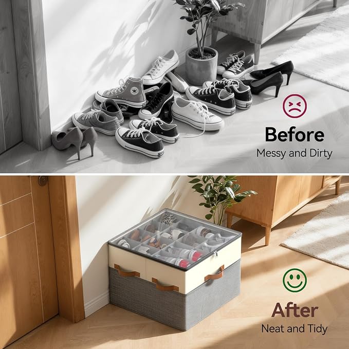 Lewondr Shoe Organizer for Closet, Foldable Shoe Storage Box with Adjustable Dividers and Clear Cover, Space Saving Shoes Holder with 4 Handles, Fits up to 16 Pairs, Beige+Gray