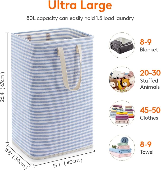 Lifewit 1 Pack Laundry Basket 80L Each, Collapsible Clothes Hamper with Reinforced Handles, Freestanding Waterproof Design for Bedroom and Laundry Room, Blue 80L Total