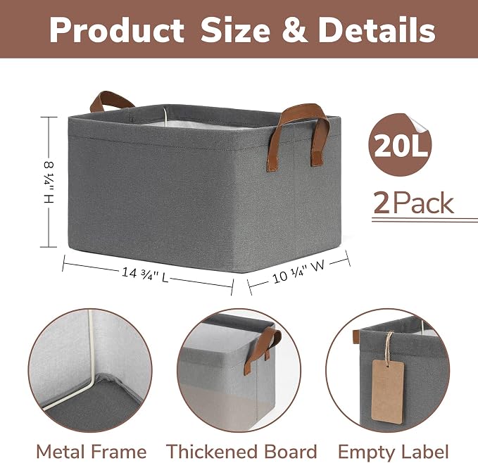 CHICVITA Storage Baskets for Organizing, Fabric Storage Bins for Clothes, Towels, Shoes, Closet Baskets for Bedroom Organizing, 14 ¾" L x 10 ¼" W x 8 ¼" H, Grey, 2-Pack