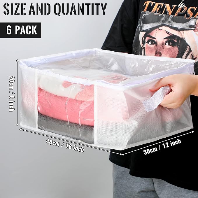 Sadnyy 6 Pcs Clear Storage Bags with Zippers Foldable Clothes Containers Case Plastic Organizer Large Sweater Storage Bins with Handles for Fabric Blanket Cloth Bedding(16 x 12 x 8 Inch,White)