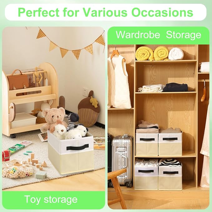 Large Shelf Storage Bins [4 Pack],Decorative Collapsible Storage Basket,Fabric Closet Organizer and Home Storage Cubes with Handles for Organizing Books, Clothes, Toys, Nursery（Beige）