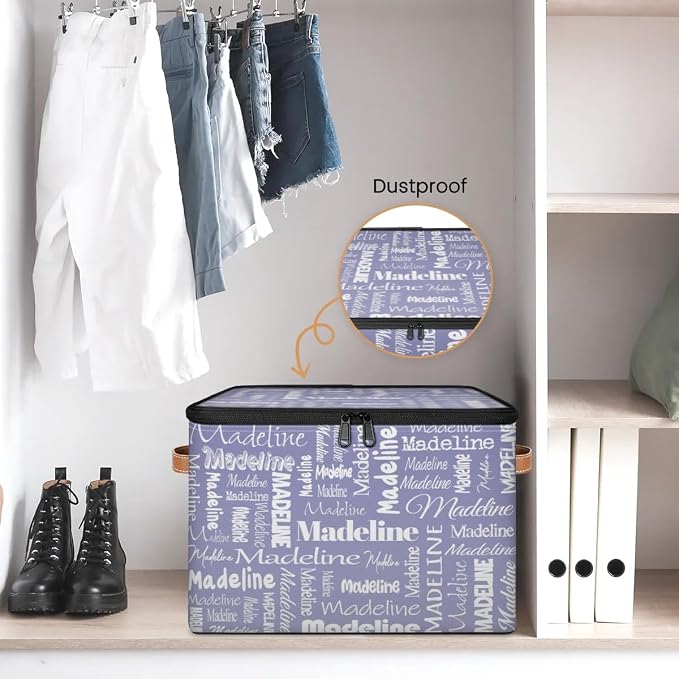 Custom Storage Basket with Name, Personalized Keepsake Box with Zipper Lid, Foldable Fabric Memory Bin Large capacity with Handle Haze Purple
