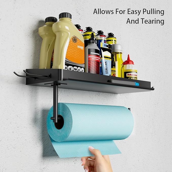 SUNTECH Garage Paper Towel Holder with 2 Shelves,One-Hand Tear Wall Shelf, Wall Mount Shop Paper Towel Holder with Hooks for Garage Organization and Storage(Black)